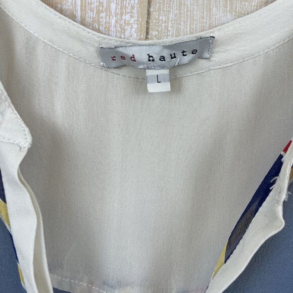 Red Haute 100% Silk Long Sleeve Cream Colorful Blouse Size Large Sheer Tribal - Picture 3 of 12